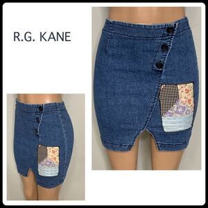 New. R.G KANE stretch patchwork denim skirt